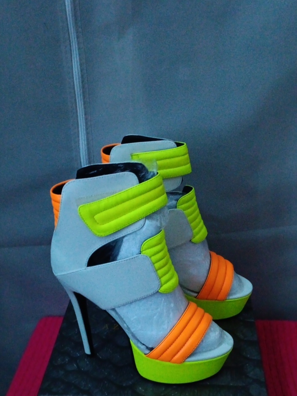 Women’s High Heel Platform Sandals in Neon Green, Orange & White